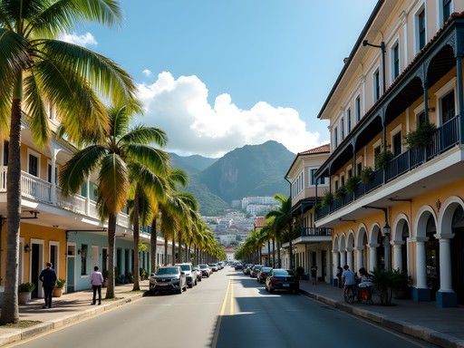 Morning view of Kingstown business district with colonial architecture and modern developments
