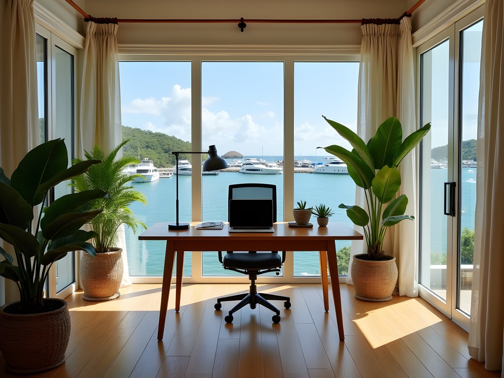 Luxury villa office setup with harbor views in Kingstown