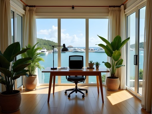 Luxury villa office setup with harbor views in Kingstown