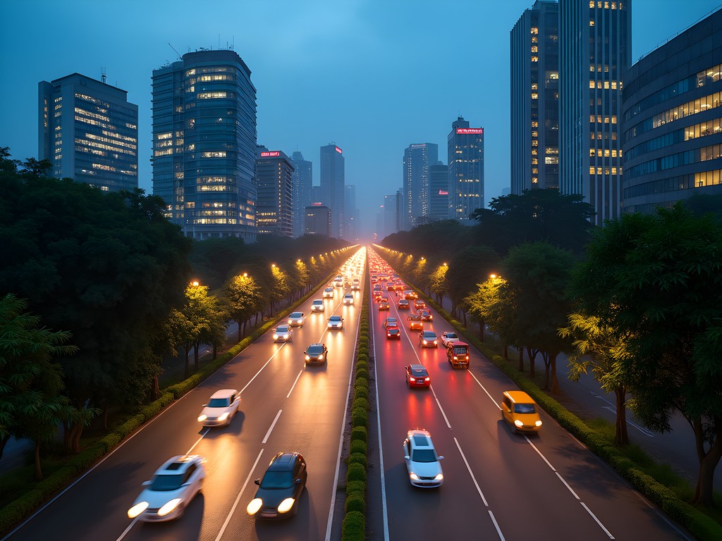Evening traffic and illuminated business buildings in Pune India