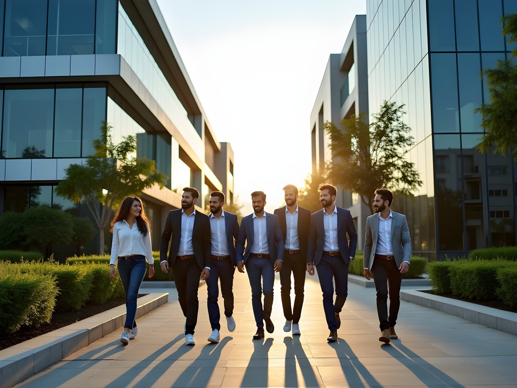 Business professionals outside modern tech park in Pune India