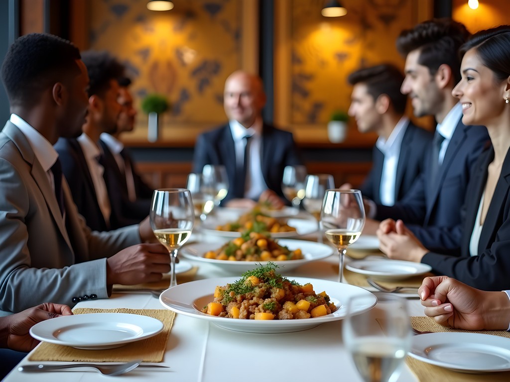 Traditional Zambian business lunch with local dishes and professionals dining