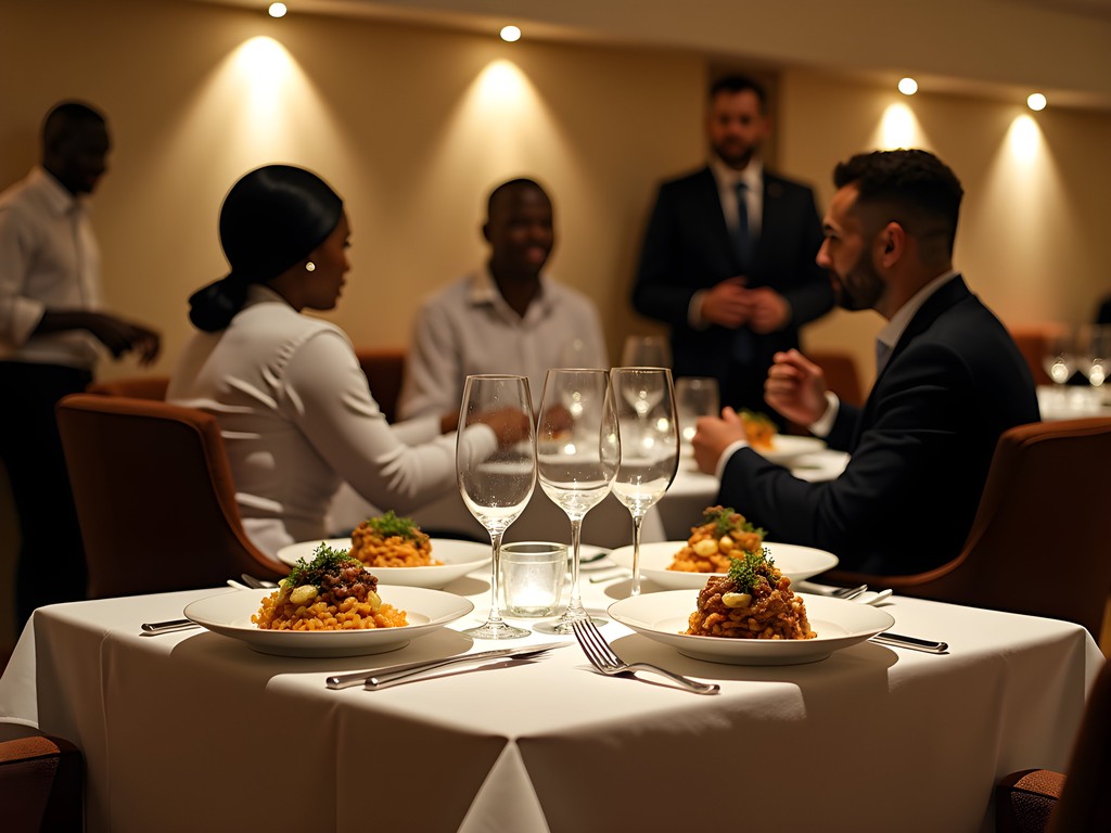 Business dinner at upscale restaurant in Kitwe with local and international cuisine