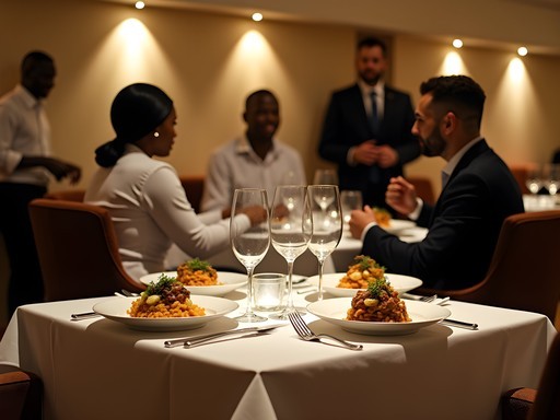 Business dinner at upscale restaurant in Kitwe with local and international cuisine