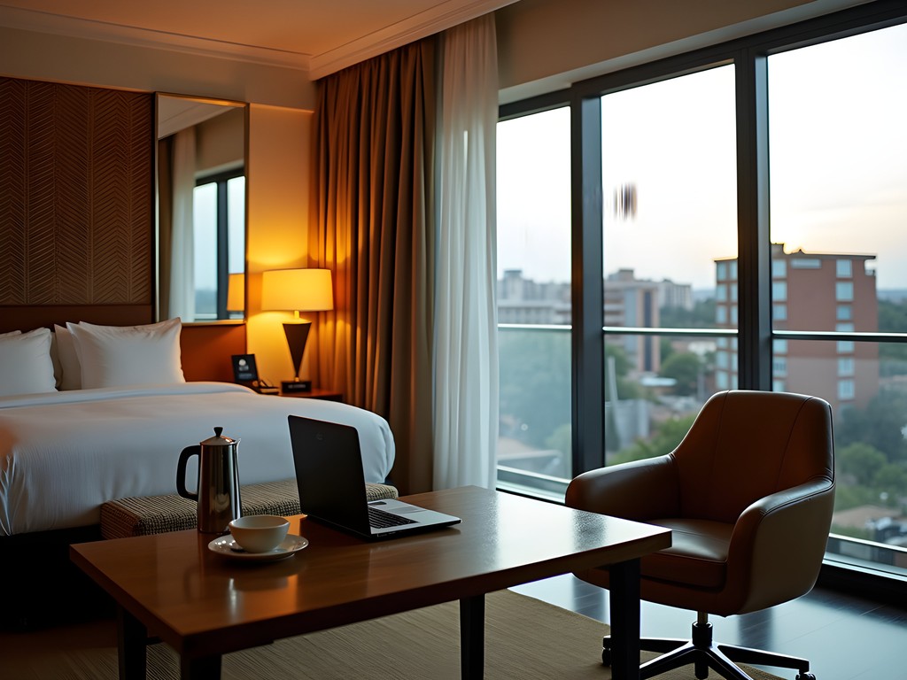 Business hotel room in Kitwe with desk workspace and city view