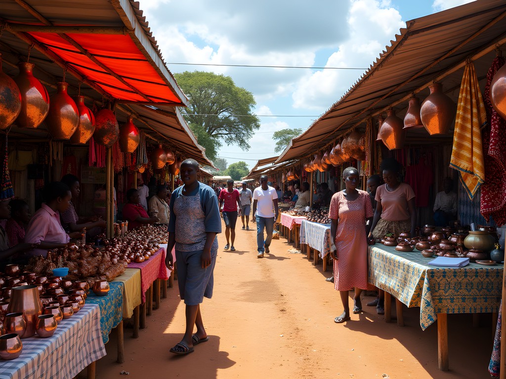 Chisokone Market in Kitwe showing colorful displays of local crafts and copper souvenirs