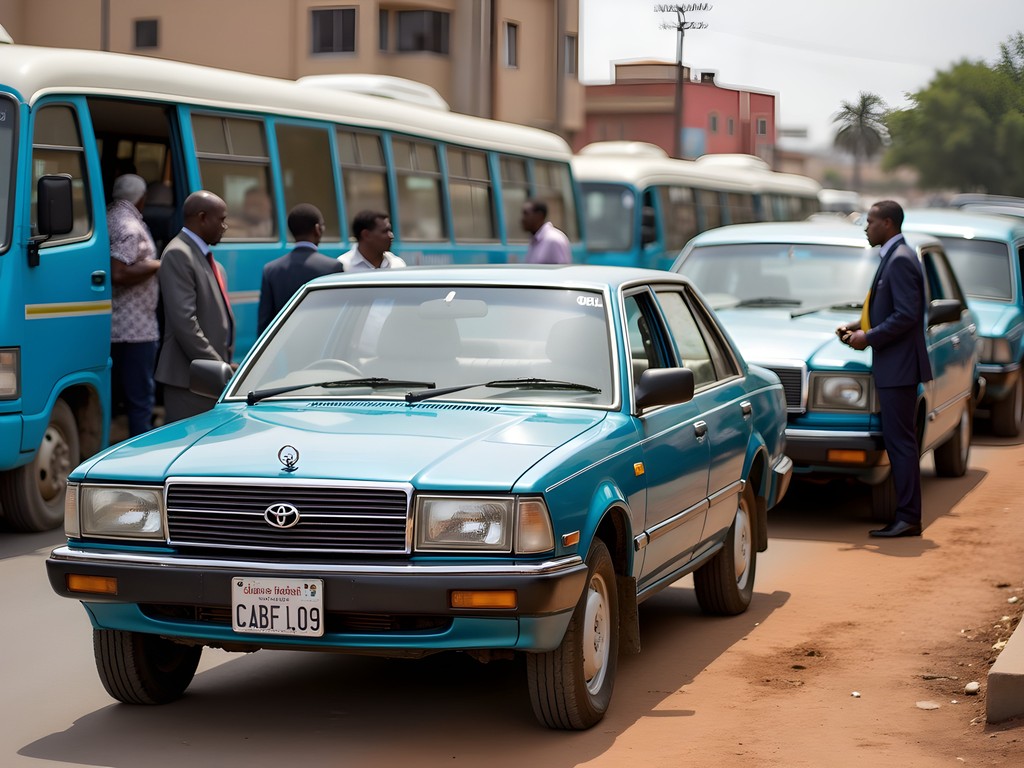 Transportation options in Kitwe business district showing taxis and local transport