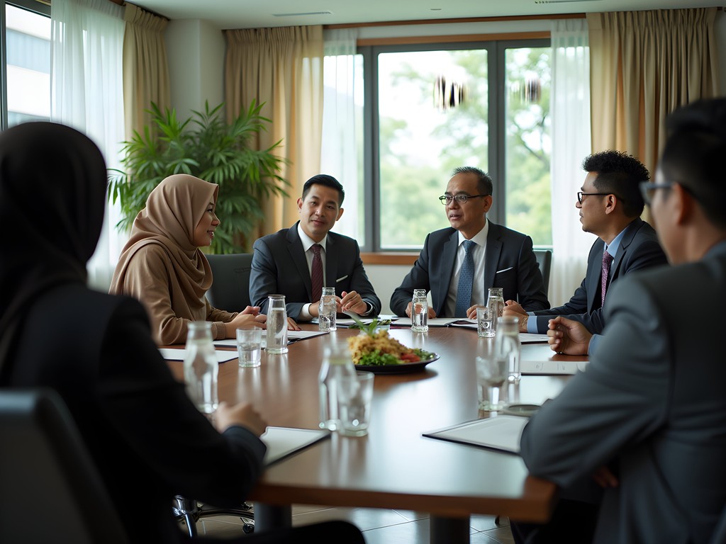 Business professionals in meeting room in Kuala Belait with traditional Malay elements in modern setting