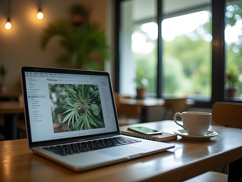 Professional remote work setup in Kuala Belait café with laptop and business materials