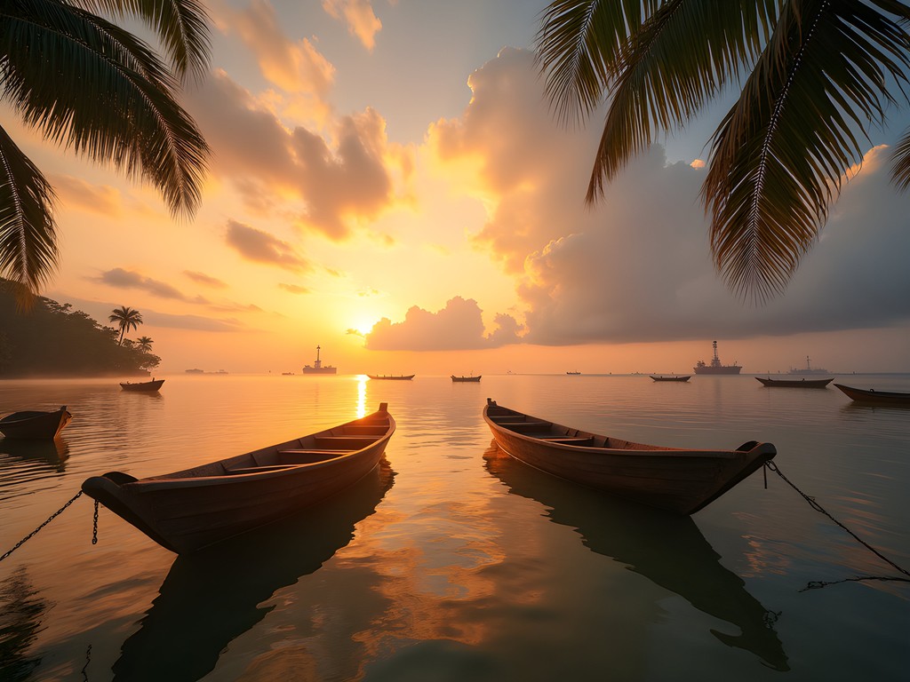 Kuala Belait waterfront at sunrise with fishing boats and distant oil platforms