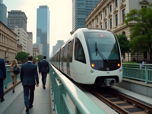 Modern monorail passing historic colonial buildings in Kuala Lumpur business district