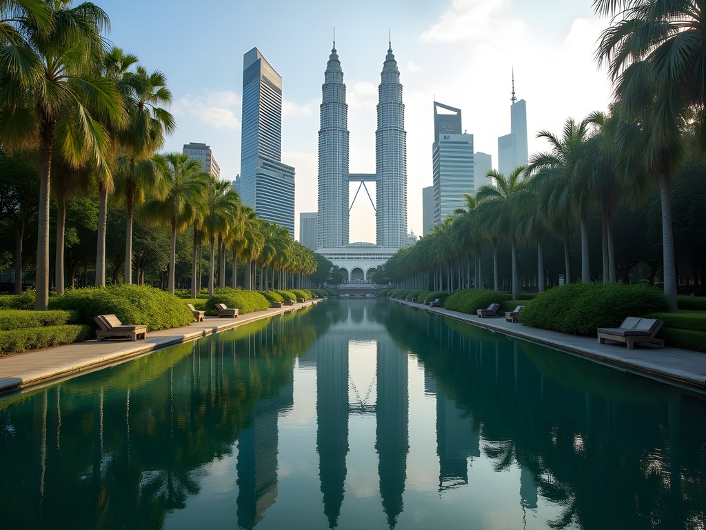 Tranquil KLCC Park with reflective pool and iconic Petronas Towers in background