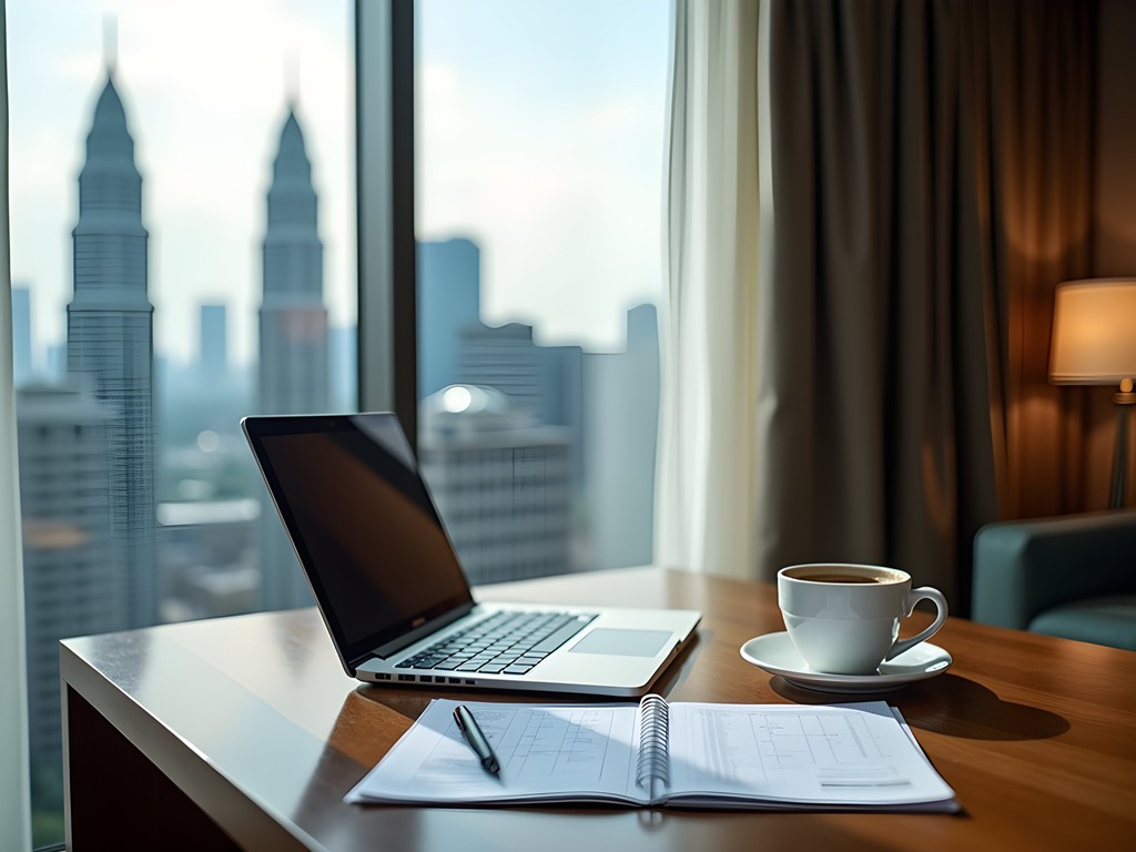 Elegant hotel workspace overlooking Kuala Lumpur cityscape