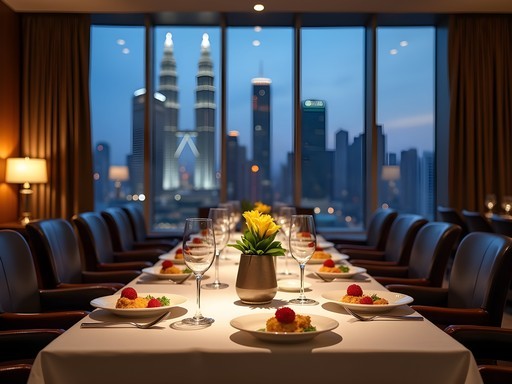 Elegant business dinner at upscale Kuala Lumpur restaurant with city views