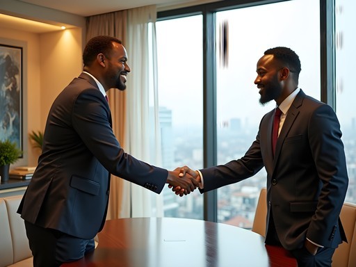 Professional handshake between international executive and Nigerian business leader in Lagos office