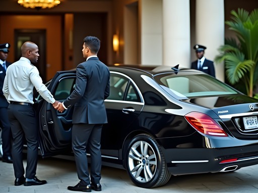 Executive entering secure hotel transportation vehicle in Lagos business district