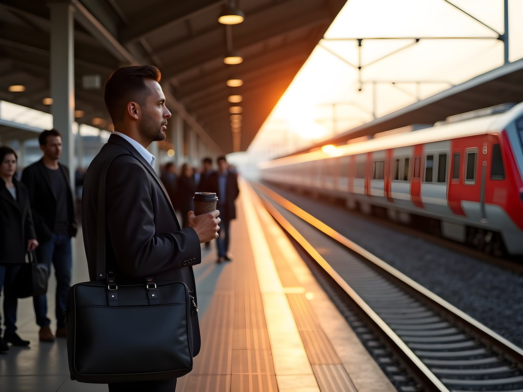 Business traveler waiting at Laurel MARC train station with briefcase