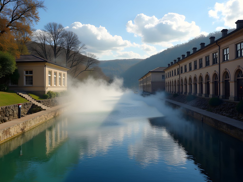 Historic bathhouse buildings at Hot Springs National Park with steam rising from thermal springs