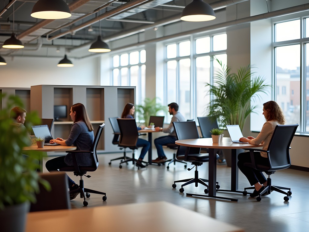 Modern coworking space in Little Rock with professionals working at communal tables