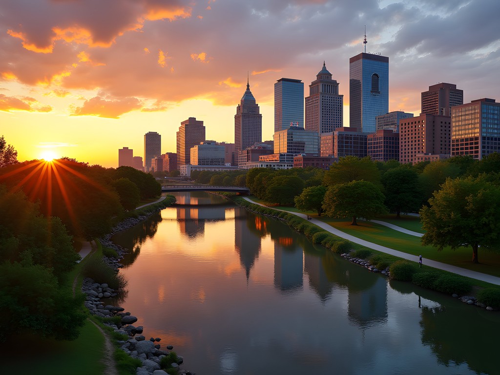 Downtown Little Rock skyline with Arkansas River in foreground during golden hour