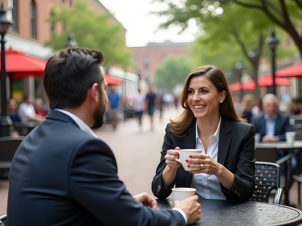 Business professional enjoying coffee at outdoor table in Little Rock River Market District