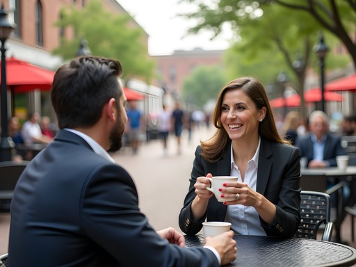 Business professional enjoying coffee at outdoor table in Little Rock River Market District