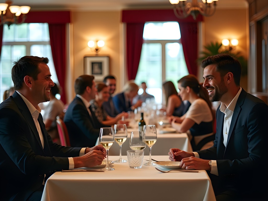 Elegant restaurant interior at Cachot's with business professionals dining