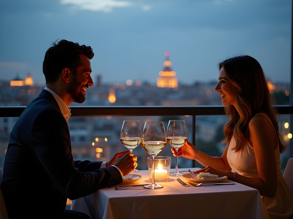 Business dinner at upscale Madrid rooftop restaurant with city skyline views