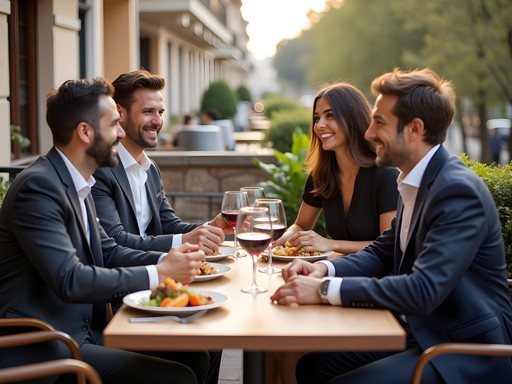 Business professionals having lunch meeting on Madrid restaurant terrace