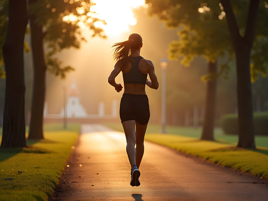 Athletic woman running in Madrid's Retiro Park at sunrise