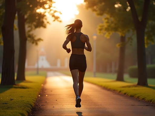 Athletic woman running in Madrid's Retiro Park at sunrise