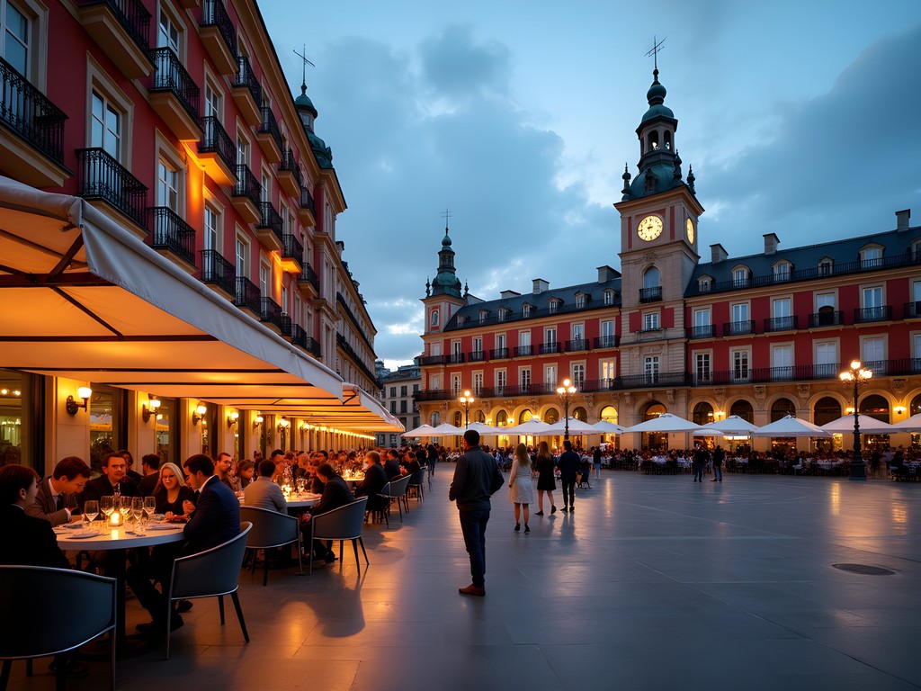 Professional woman enjoying evening ambiance in Madrid's Plaza Mayor