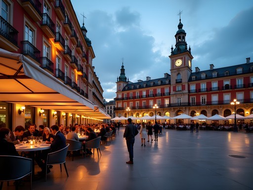 Professional woman enjoying evening ambiance in Madrid's Plaza Mayor