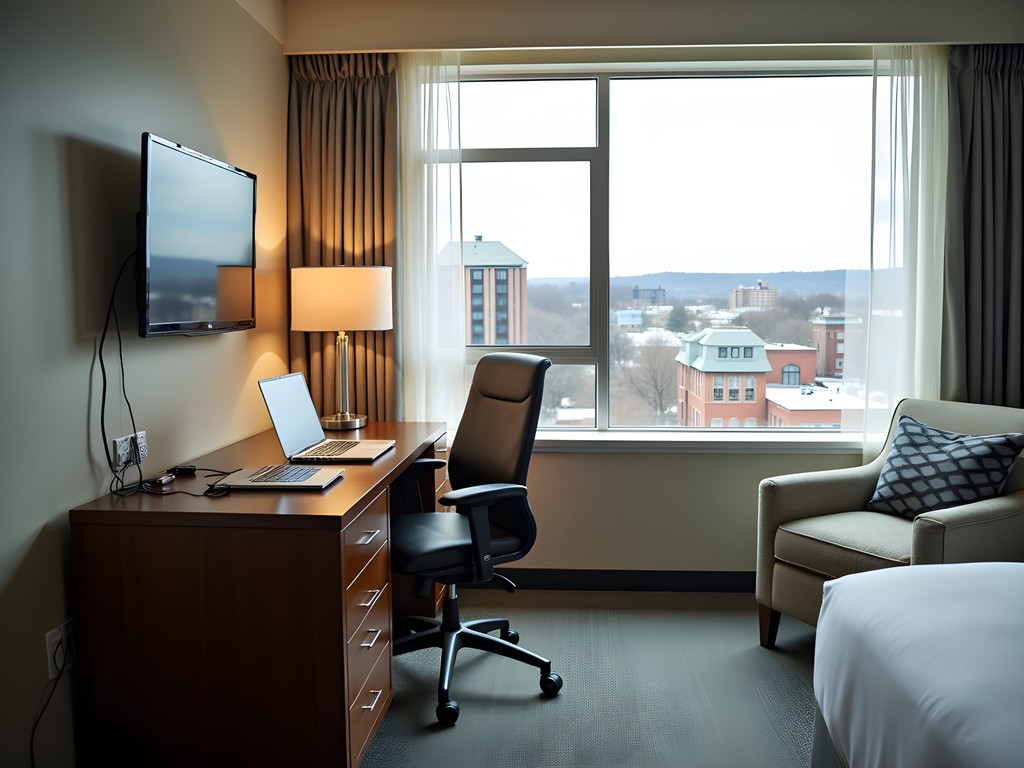 Modern hotel business workspace with Manchester cityscape view