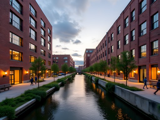Revitalized Amoskeag Millyard buildings along the Merrimack River