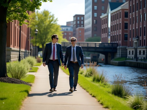 Business professionals walking along Merrimack River path in Manchester