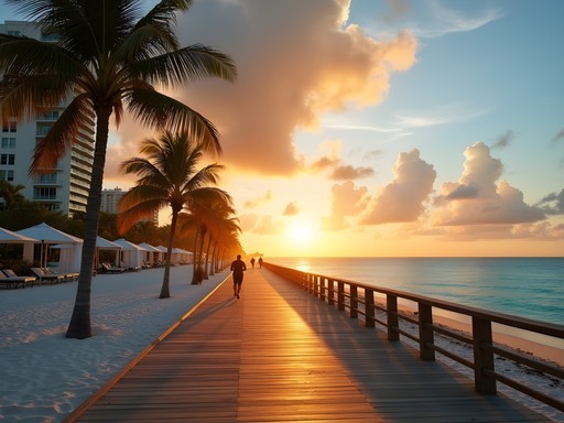 Early morning run along Miami South Beach boardwalk with ocean views