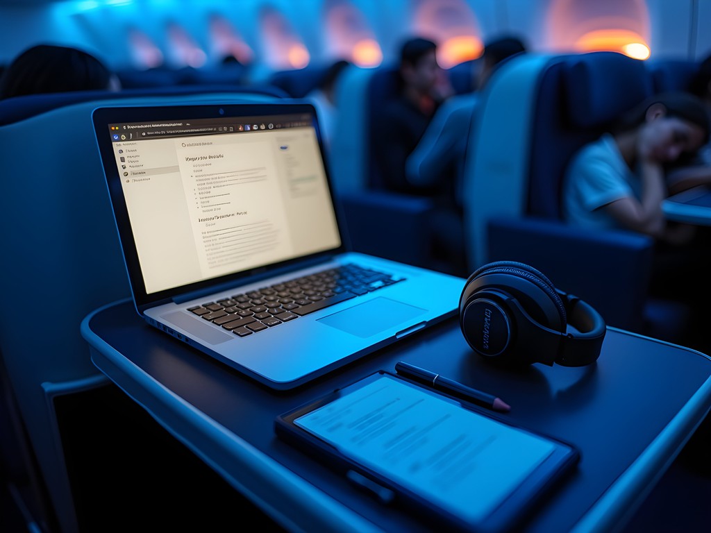 Business class workspace setup on red-eye flight with laptop and productivity tools