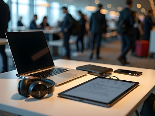Professional mobile office setup in airport lounge with laptop stand and tech accessories