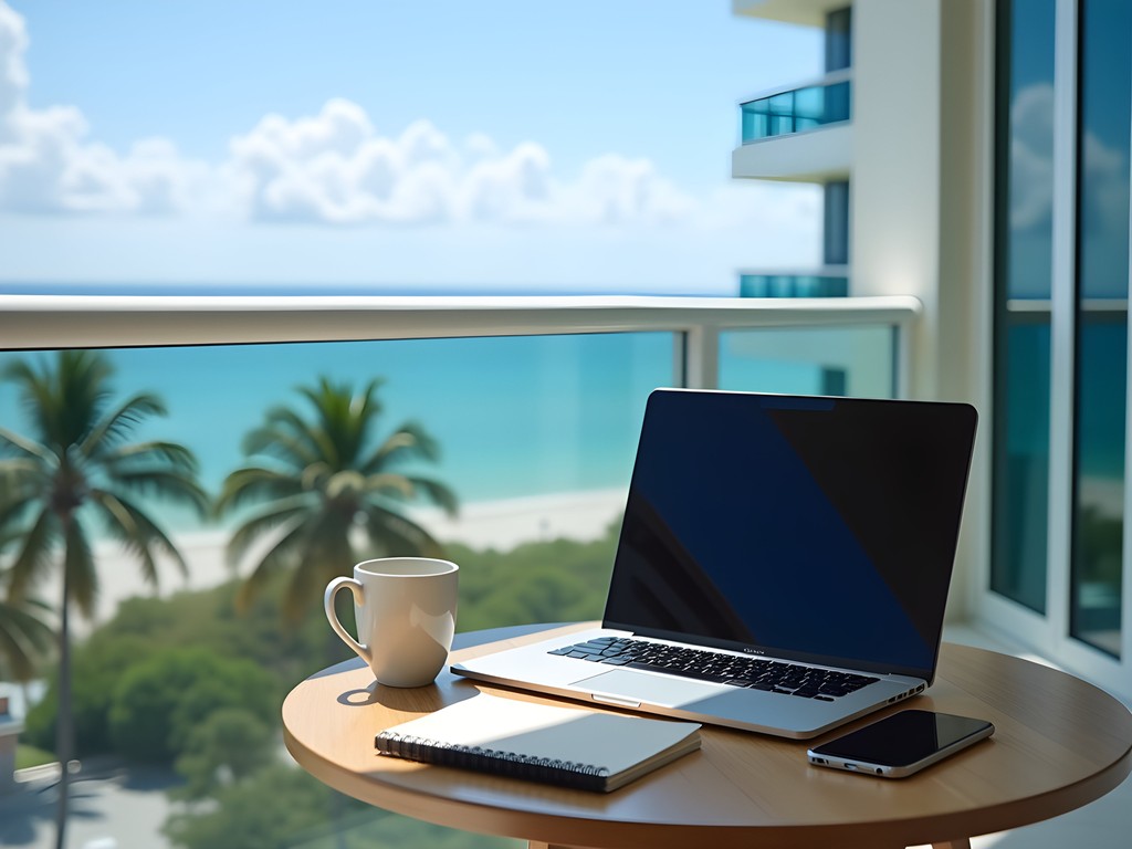 Professional mobile office setup with Miami balcony view