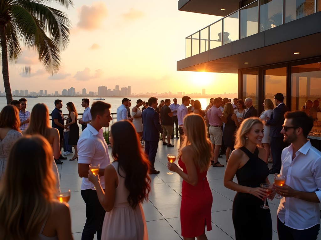 Professional networking event on a Miami rooftop venue