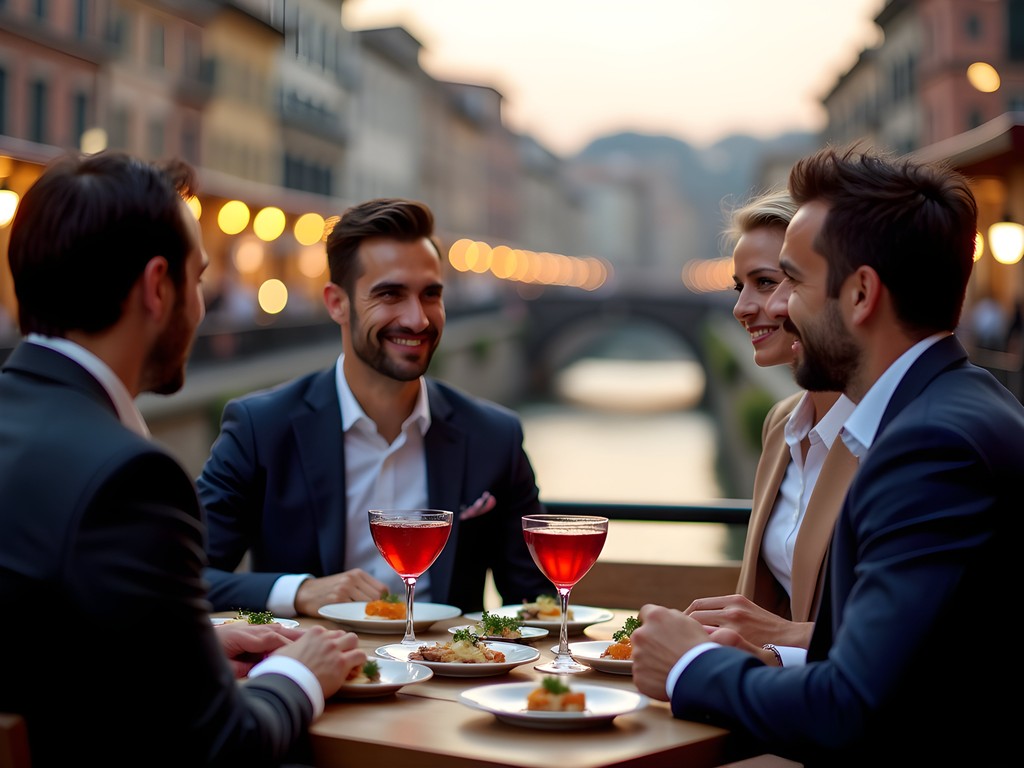 Professional aperitivo networking scene along Milan's Navigli canal district