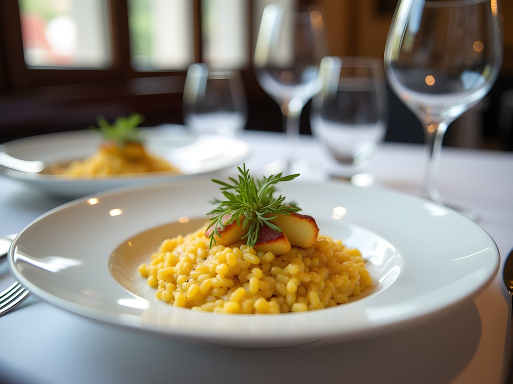 Elegant business lunch setting in Milan with traditional saffron risotto