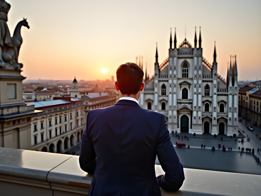 Business professional enjoying Milan Cathedral (Duomo) rooftop view during break
