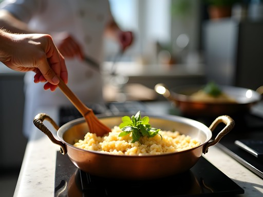 Business professional learning traditional risotto preparation in upscale Milanese cooking class