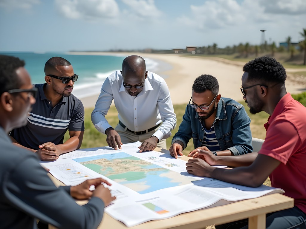 Environmental planning meeting at coastal business development site in Mogadishu