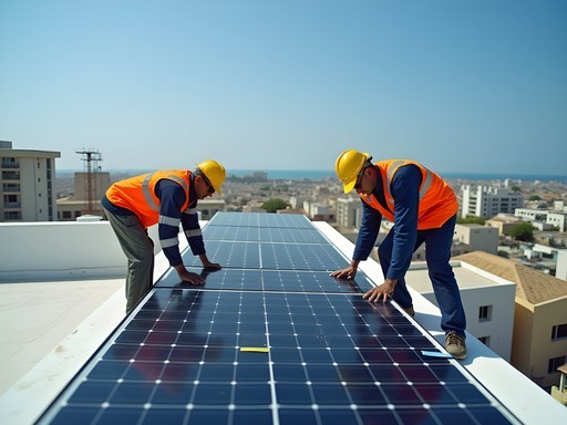 Solar panel installation on a business building in Mogadishu with technicians working