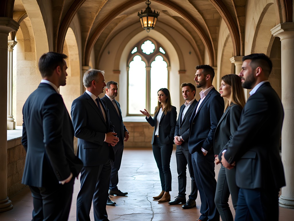 Business executives engaged in discussion during private abbey tour at Mont-Saint-Michel