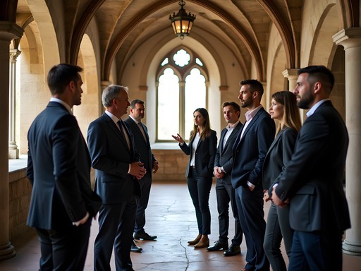 Business executives engaged in discussion during private abbey tour at Mont-Saint-Michel