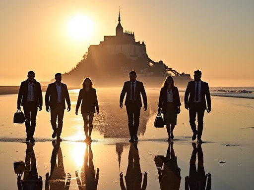 Business executives crossing Mont-Saint-Michel bay during guided low tide walk